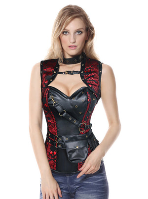Women's Fashion Steel Boned Skulls Print High Neck Hourglass Corset with Jacket Black-Red Main View