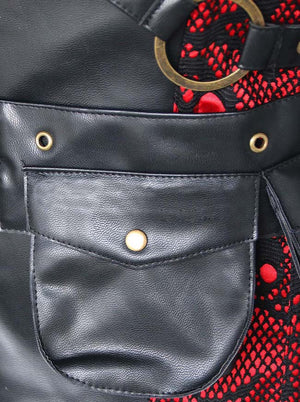 Vente chaude pour femmes en acier désossé crânes imprimé col haut faux cuir corset avec veste noir-rouge vue détaillée