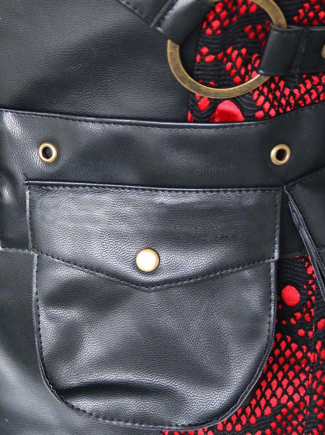 Corsé de cuero sintético de cuello alto con estampado de calaveras deshuesadas de acero para mujer con chaqueta Vista detallada en negro y rojo