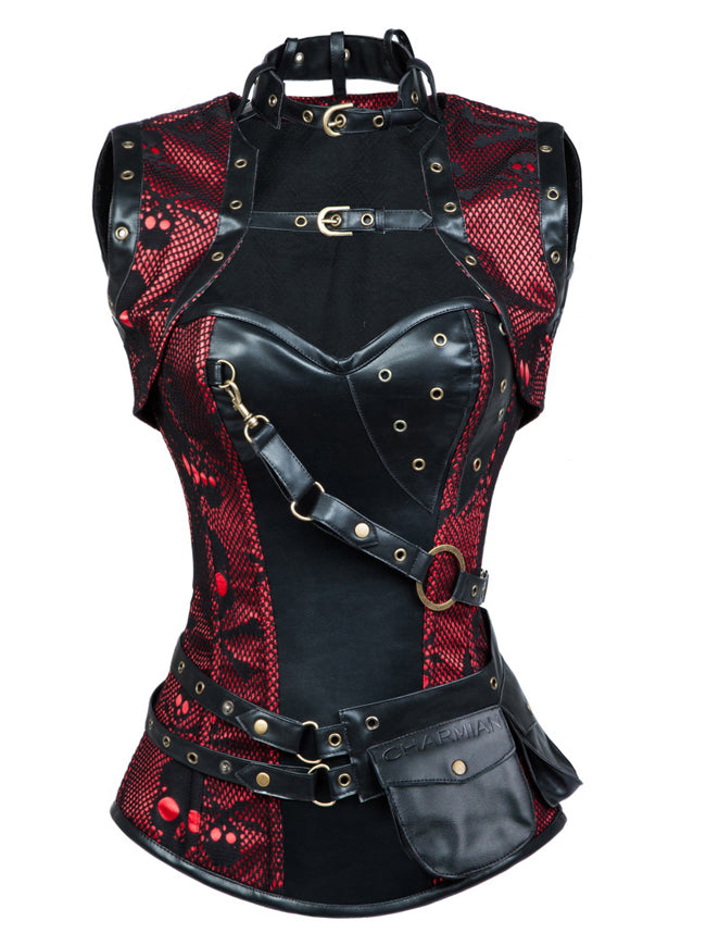 Retro Goth Spiral Steel Boned Brocade Steampunk Bustiers Corset with Jacket and Belt Main View