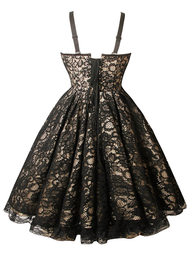 Gothic Floral Embroidery Lace Pleated Corset Dress Back View