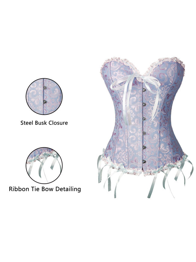 Vintage Burlesque Fancy Sweetheart Lace Up Printed Halloween Party Bowknot Jacquard Overbust Corset Tops Detail View