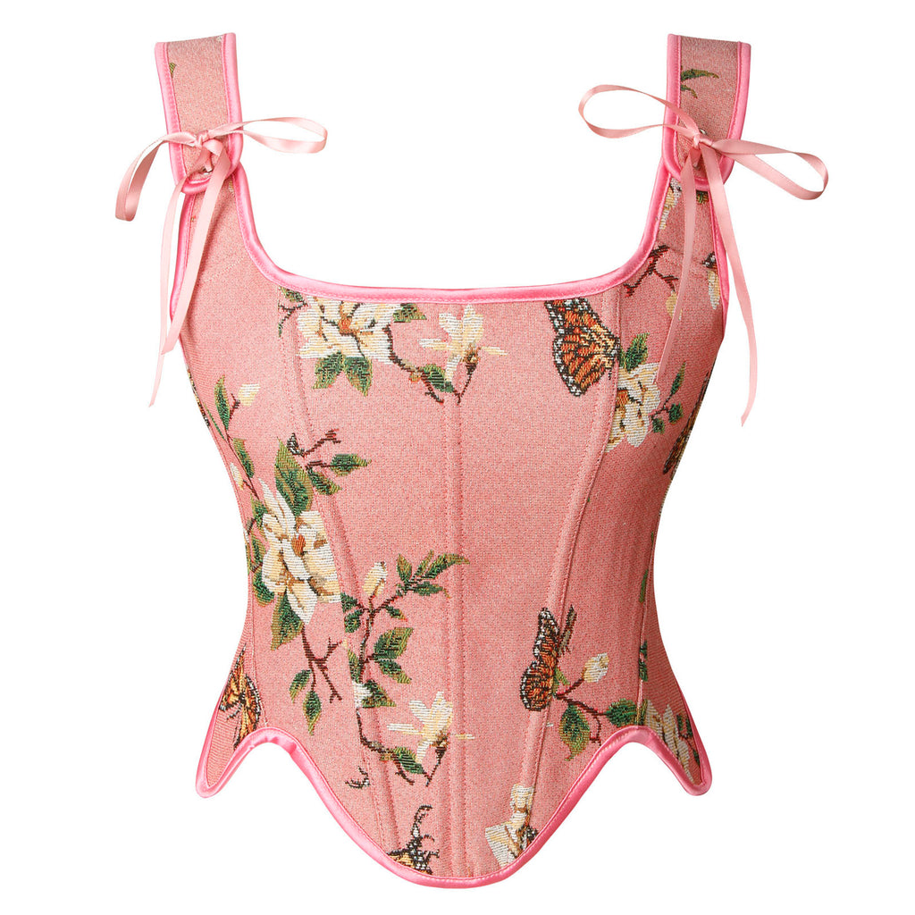 Vintage Floral Embroidery Waist Cincher Overbust Corset Bustier Tops with Straps Main View
