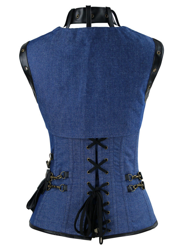 Steampunk Blue Renaissance Cheap Punk Goth Belt Steel Boned Overbust Halloween Corset Top Back View