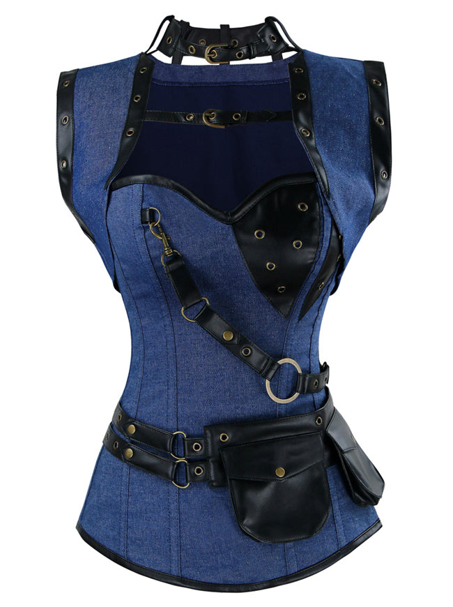 Spiral Steel Bones Steampunk Gothic Vintage Denim Corset with Jacket and Belt