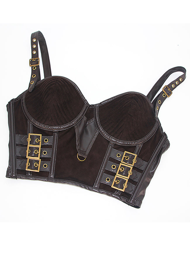 Spaghetti Straps Push Up Faux Leather Bustier Crop Top Bra Black Detail View