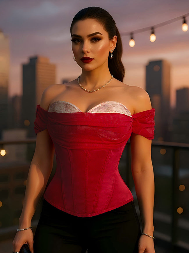 Elegant Red Waist Trainer Renaissance Off Shoulder Strapless Cute Corset Front View