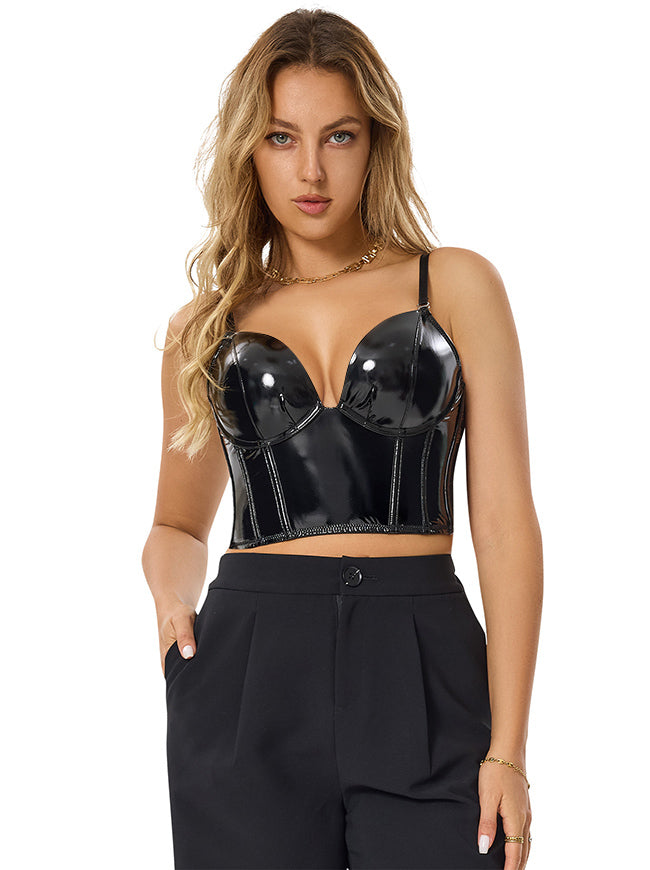 Black PU leather corset bustier top - back view with hook and eye closure