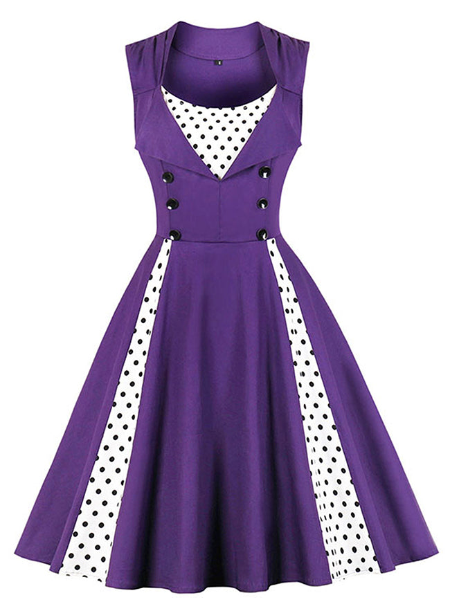 Killreal Women's Vintage Polka Dot Print A-Line Sleeveless Cocktail Party Casual Dress Purple Main Image