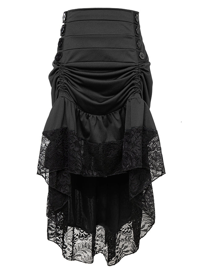 Steampunk Victorian Gothic Lace Trim Ruffled High Low Skirt