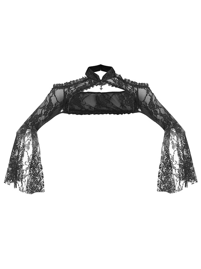 Charmian Women's Victorian Gothic Lace Long Bell Sleeves Wrap Cape Shoulder Shrug Black Main Image