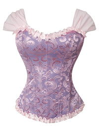 Corsé de mujer estilo victoriano vintage de brocado con volantes, mangas cortas, cierre de cordones y cremallera, color morado. Imagen principal.