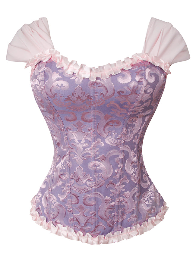 Corsé de mujer estilo victoriano vintage de brocado con volantes, mangas cortas, cierre de cordones y cremallera, color morado. Imagen principal.