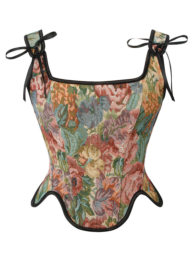 Renaissance Vintage Floral Boned Lace Up Corset Vest with Zipper