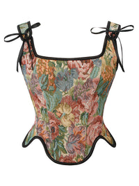 Charmian Women's Renaissance Vintage Floral Boned Lace Up Corset Vest with Zipper Green Main Image