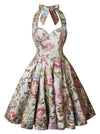 1950s Vintage Retro Sleeveless Swing Floral Halter Corset Dress Multicolored Main Image