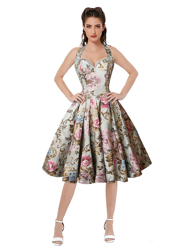 1950s Vintage Retro Sleeveless Swing Floral Halter Corset Dress – Charmian