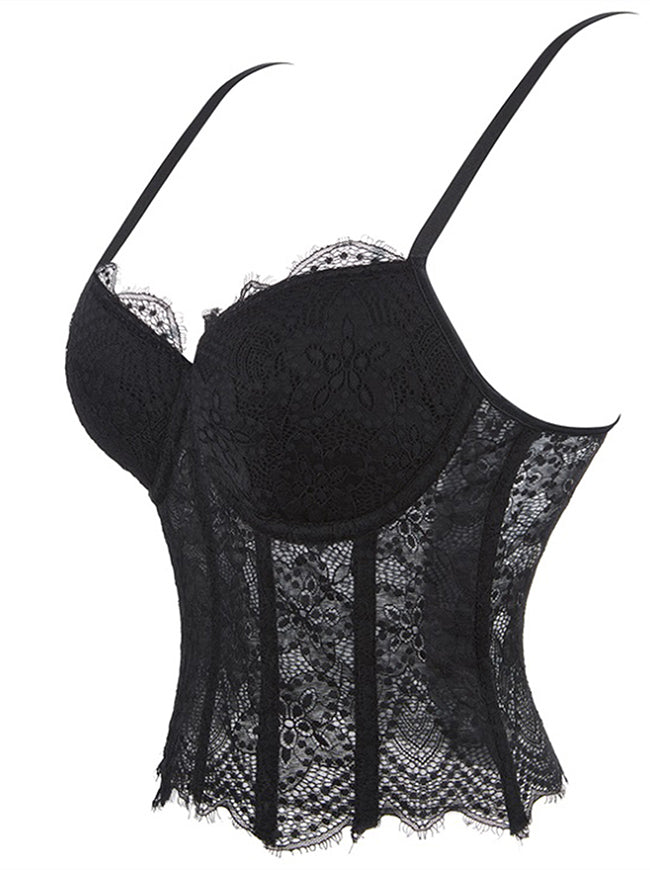 Women Black Floral Lace Sheer Club Top Concert Outfits Side View