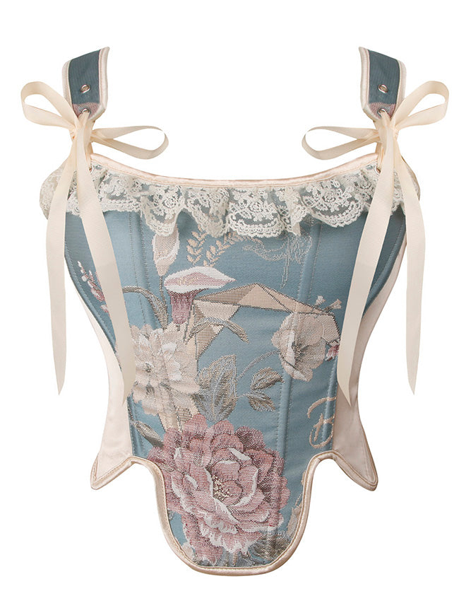 Charmian Women's Victorian Vintage Floral Straps Lace Ruffled Overbust Corset Bustier Blue Main Image
