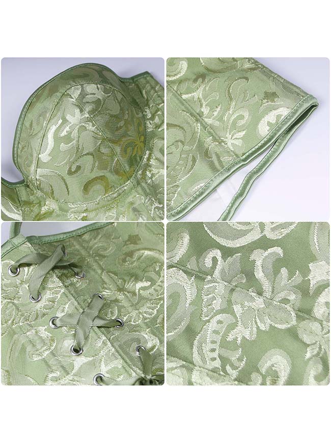 Renaissance Elegant Sweetheart Olive Green Floral Bustier Corset Tank Top Detail View