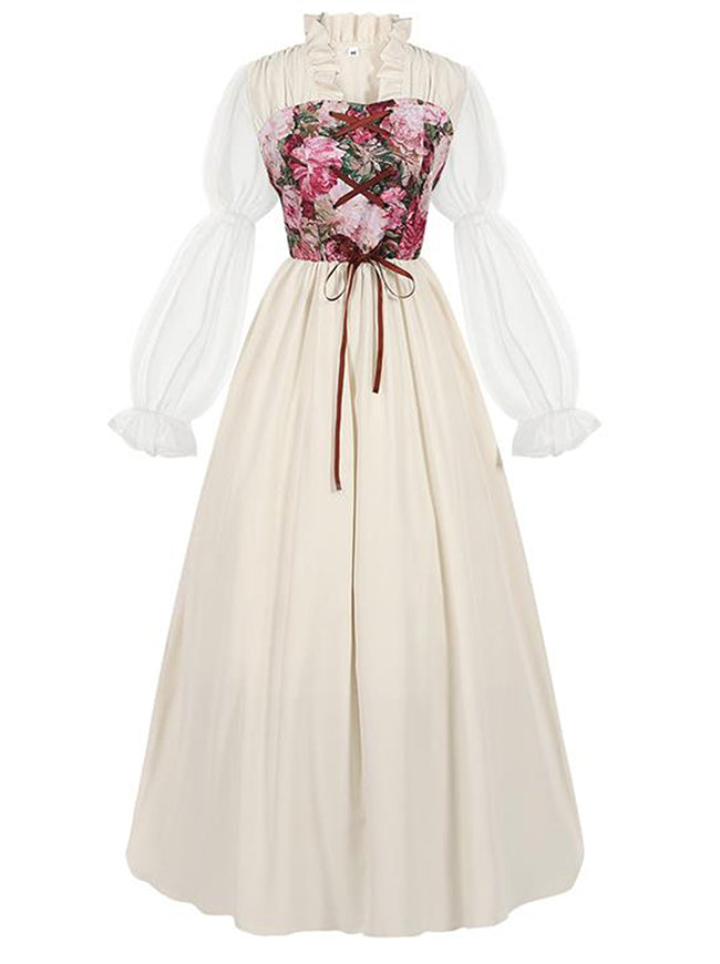 Renaissance Cottagecore Cotton Floral Print Maxi Corset Dress with Sleeves White / S/Fit Bust: 37.0