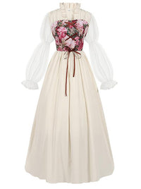 샤미안 여성용 르네상스 코티지코어 코튼 플로럴 프린트 맥시 코르셋 드레스 (소매 포함, 베이지색) 메인 이미지