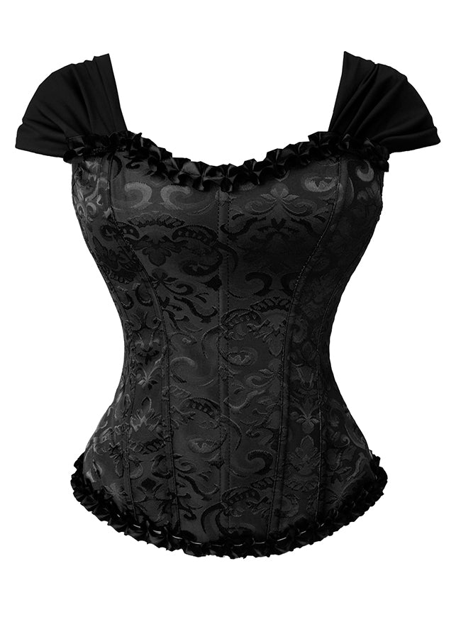 Women's Victorian Vintage Brocade Ruffle Cap Sleeves Overbust Lace Up Corset with Zipper Black Main Image