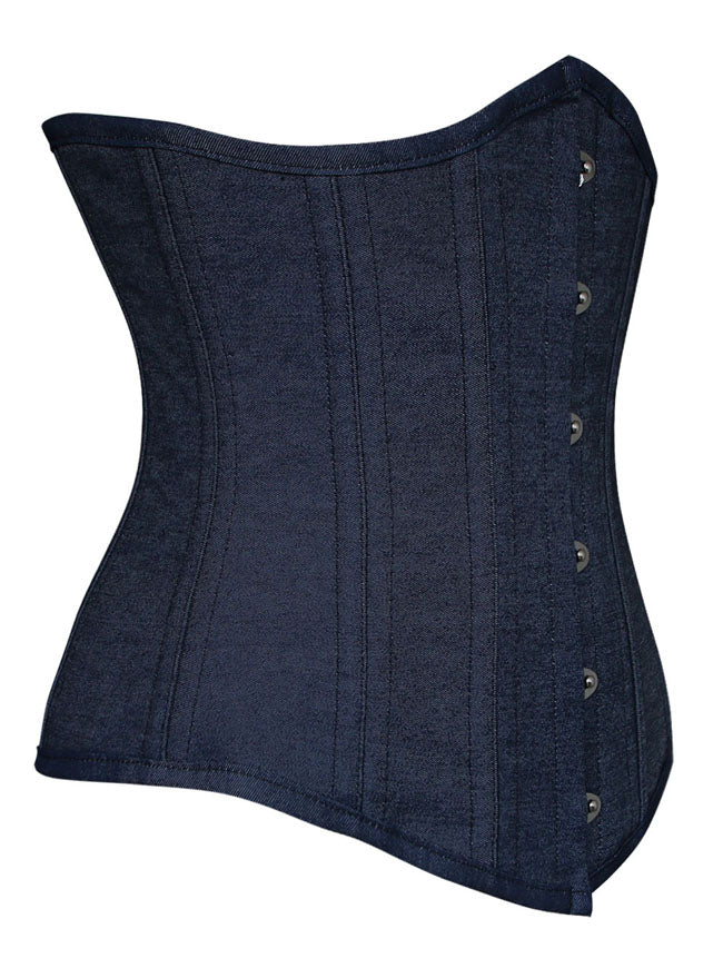 Elegant Classical High Quality Women Blue Denim Retro Strapless Lace Up Waist Cincher Underbust Corset Tops Side View