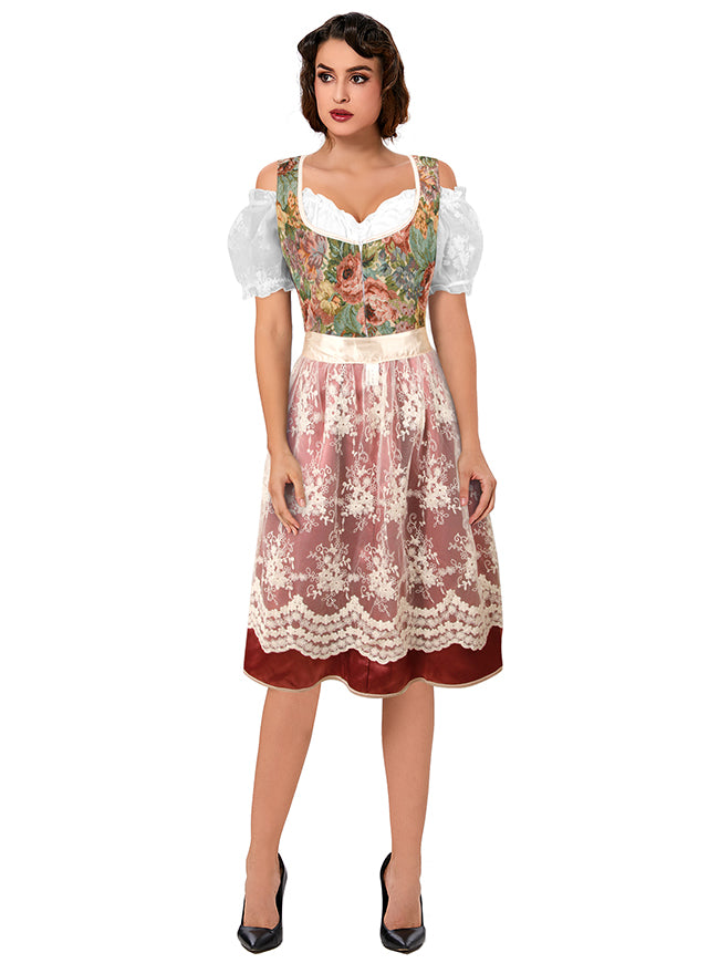 3-Piece Bavarian Dirndl Dress Renaissance Vintage Floral Oktoberfest Costume Red / S/Fit Bust: 36.2 3-Piece Bavarian Dirndl Dress Renaissance Vintage Floral Oktoberfest Costume Red / S/Fit Bust: 36.2