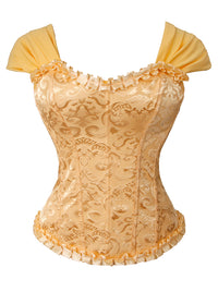 Corsé de mujer estilo victoriano vintage de brocado con volantes, mangas cortas, cierre de cordones y cremallera, color amarillo. Imagen principal.