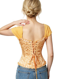 Elegante corsé burlesque de jacquard con volantes, vista lateral.