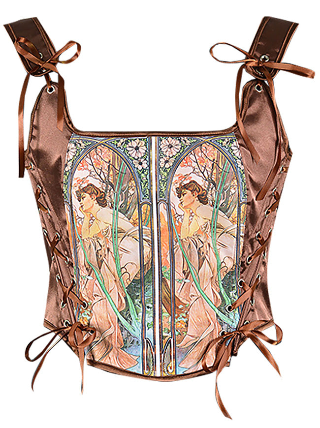 Charmian Women's Renaissance Vintage Boned Satin Strapped Overbust Corset Bustier Brown Main Image