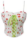 Charmian Women's Y2K Spaghetti Strap Cute Cherry Print Lace Up Bustier Corset Crop Top White Main Image