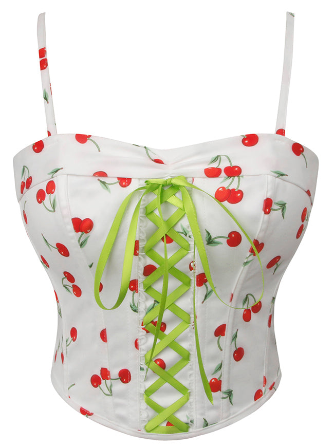 Charmian Women's Y2K Spaghetti Strap Cute Cherry Print Lace Up Bustier Corset Crop Top White Main Image