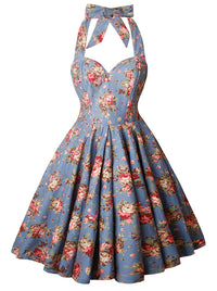 Charmian Damen 1950er Vintage Retro Ärmellos Swing Floral Neckholder Korsett Blau Hauptbild