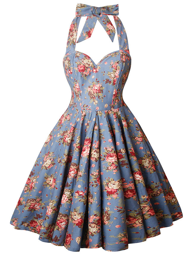 Charmian Women's 1950s Vintage Retro Sleeveless Swing Floral Halter Corset Blue Main Image