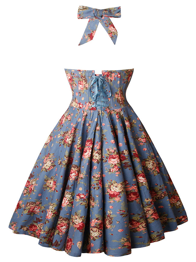 Charmian Women 1950s Vintage Sleeveless A-Line Swing Floral Halter Corset Dress Blue / S/Fit Waist 25.2"-26.8" Charmian Women 1950s Vintage Sleeveless A-Line Swing Floral Halter Corset Dress Blue / S/Fit Waist 25.2"-26.8"