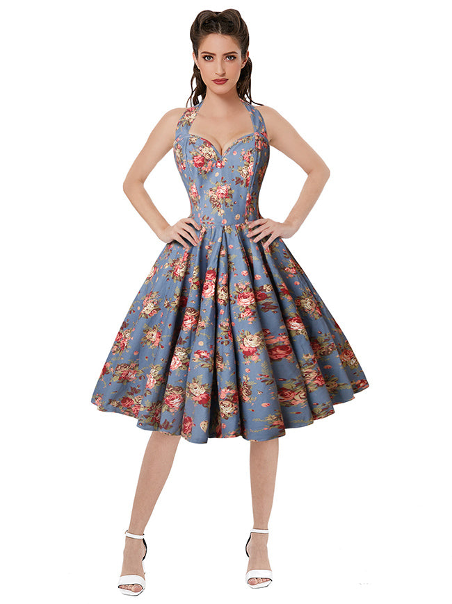 Charmian Women 1950s Vintage Sleeveless A-Line Swing Floral Halter Corset Dress Blue / S/Fit Waist 25.2"-26.8" Charmian Women 1950s Vintage Sleeveless A-Line Swing Floral Halter Corset Dress Blue / S/Fit Waist 25.2"-26.8"