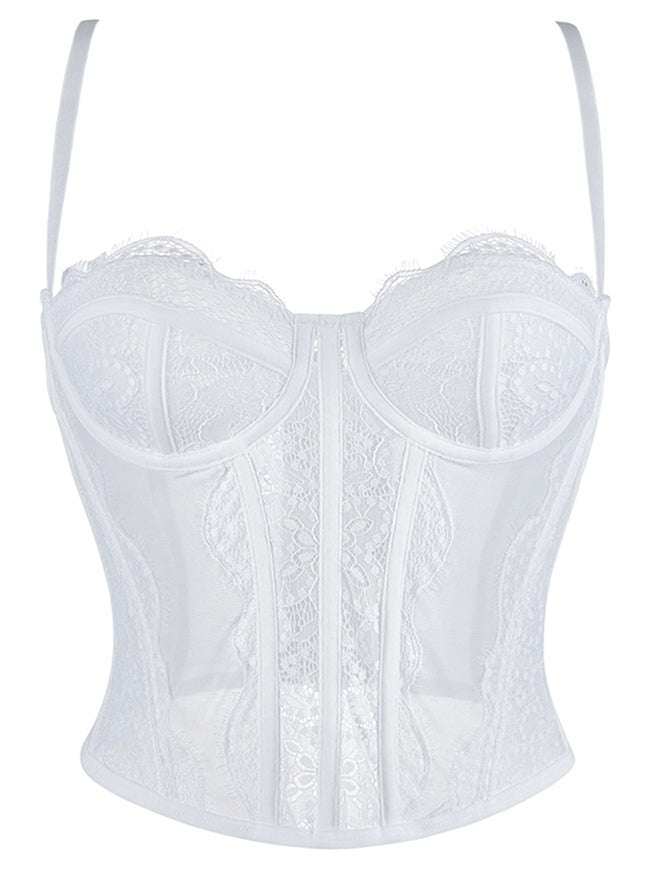 Charmian Women's Y2K Lace Mesh Boned Bustier Corset Top with Spaghetti Straps White Main Image
