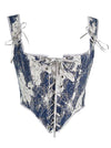 Charmian Women's Vintage Renaissance Denim Floral Short Cropped Lace-up Corset Vest White/Blue Main Image