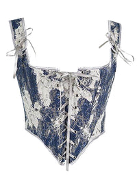 Charmian Women's Vintage Renaissance Denim Floral Short Cropped Lace-up Corset Vest White/Blue Main Image