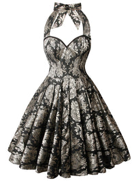 Charmian Damen 1950er Vintage Retro Ärmelloses Swing Floral Neckholder Korsett Kleid Metallic Schwarz Hauptbild