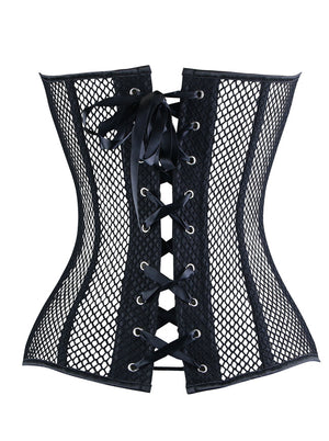 Sexy Vintage Women Black Gothic Mesh Bustier Shapewear Punk Sweetheart Plastic Boned Overbust Corset Tops Back View