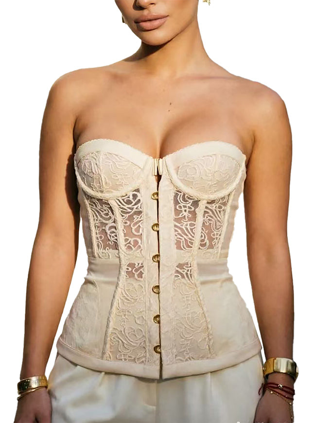 Charmian Women's Strapless Floral Sheer Lace Overlay Bustier Corset Top Off-White Main Image