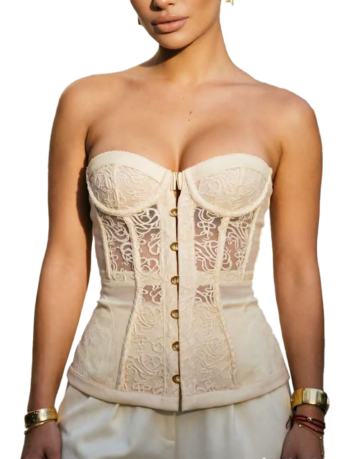 Charmian Women's Strapless Floral Sheer Lace Overlay Bustier Corset Top Off-White Main Image