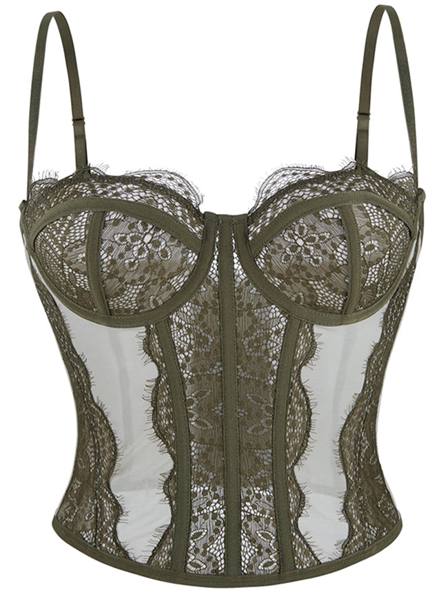 Charmian Women's Y2K Lace Mesh Boned Bustier Corset Top with Spaghetti Straps Olive Green Main Image