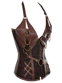 Women's Victorian Spiral Steel Boned Halter Leather Bustier Overbust Corset Brown Side View