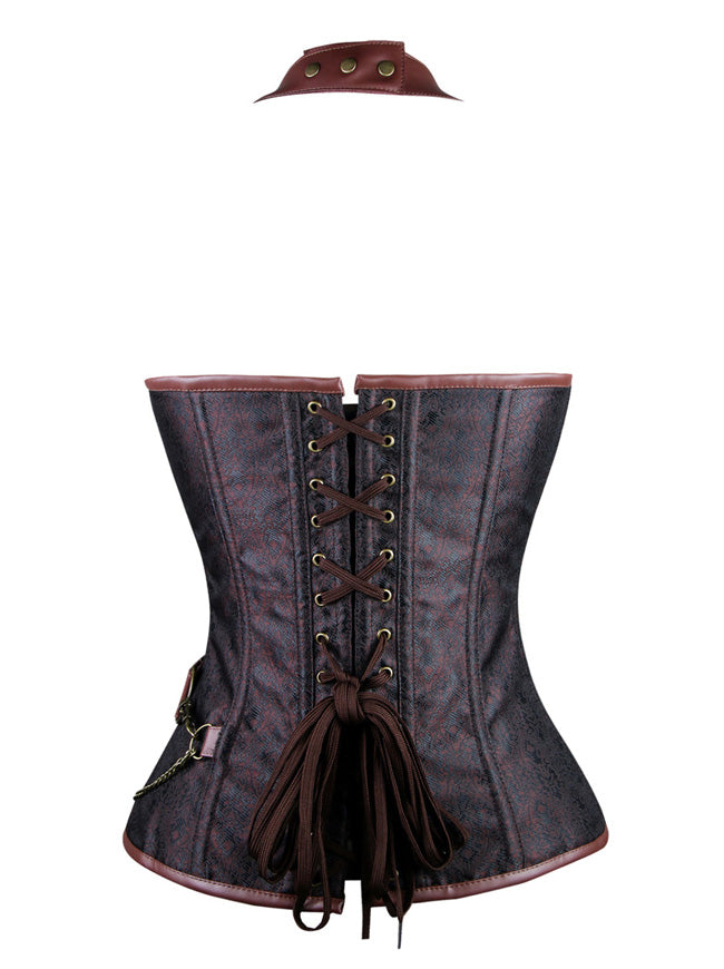 Women's Gothic Spiral Steel Boned Halter Leather Hourglass Overbust Corset Brown Back View