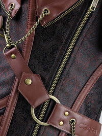 Women's High Quality Spiral Steel Boned Halter Leather Waist Cincher Corset Brown Detail View