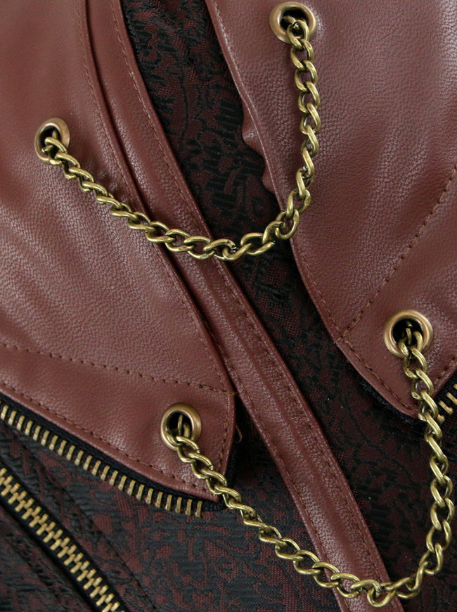 Women's Sexy Spiral Steel Boned Halter Leather Halloween Overbust Corset Brown Detail View